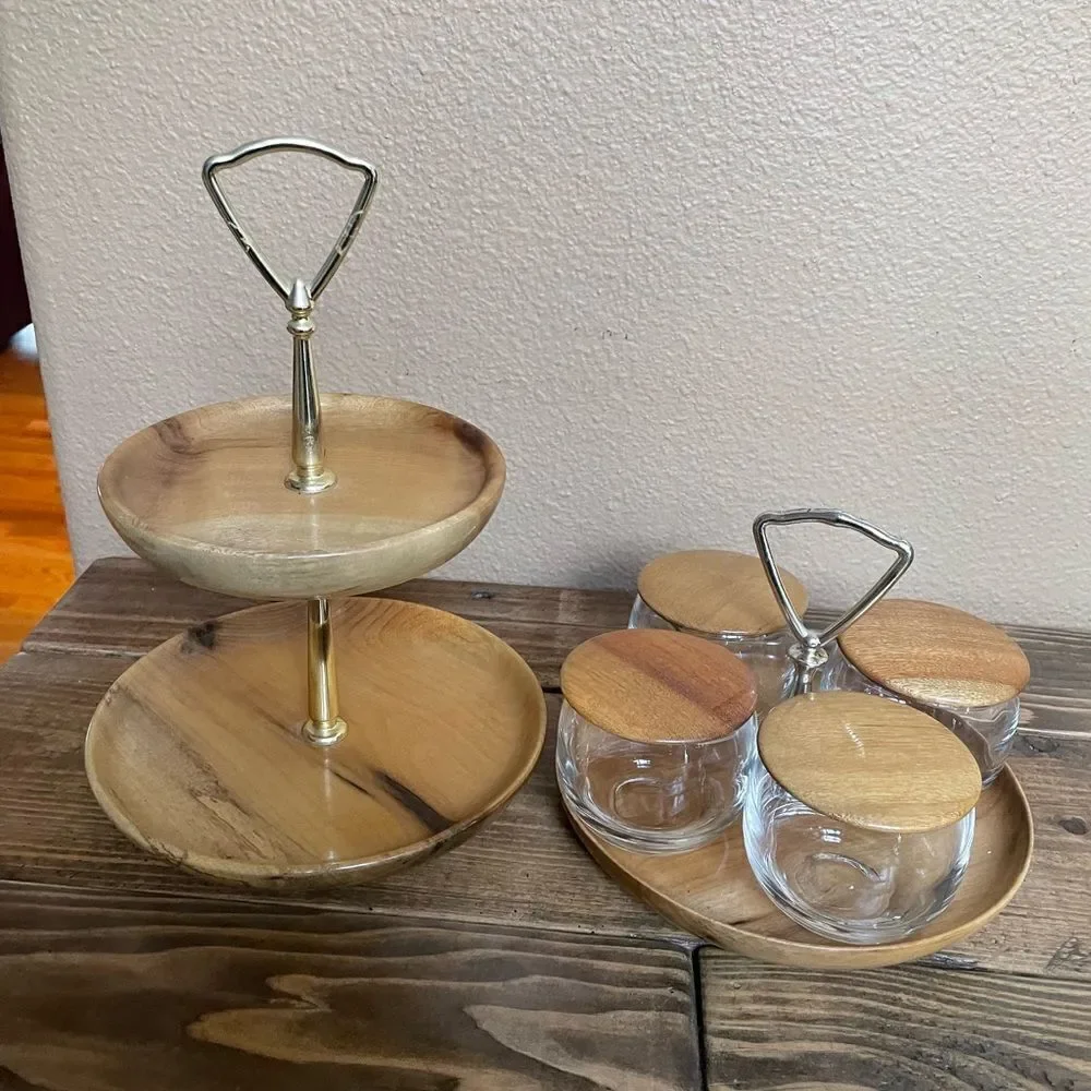 MCM Myrtlewood Vintage Condiment Set with Two Tiered Myrtlewood Snack Service